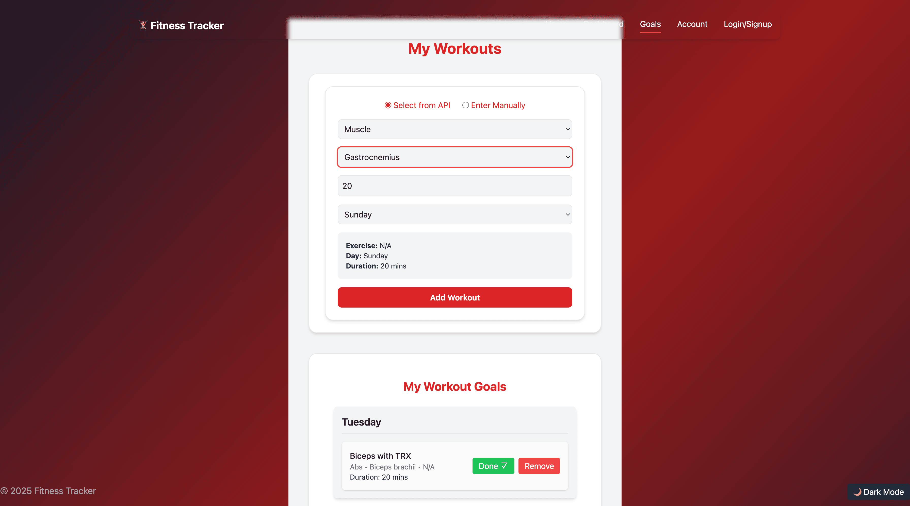 Fitness Tracker workout logging interface